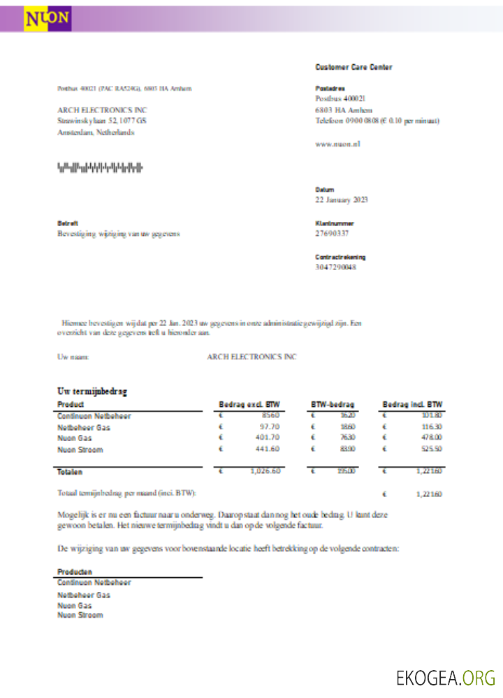Facture commerciale du service public de gaz NUON SCR